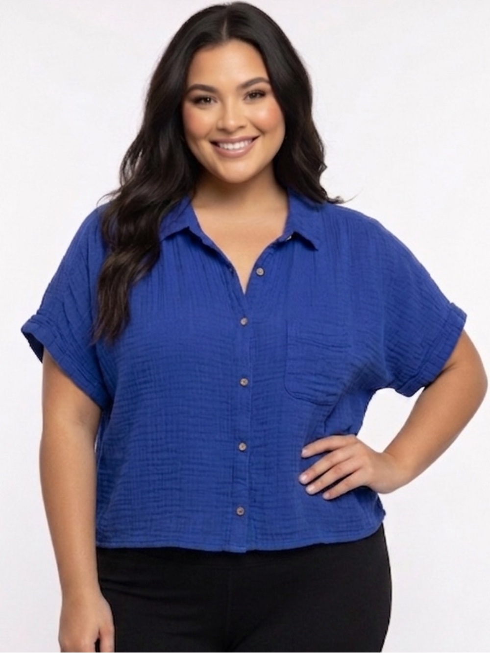 Old Navy Cotton Gauze Short Sleeve Button Down Shirt Womens Size XL Royal Blue